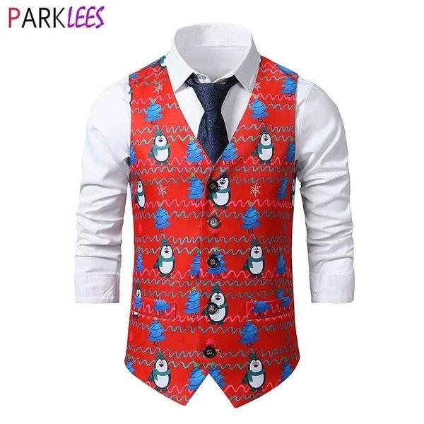 Papai Noel Imprimir Cintura de Christmas Waistcoat Homens Marca Slim Fit V Neck Mens Vestidos Vests Xmas Festival Party Chaleco Hombre 2xl 210522