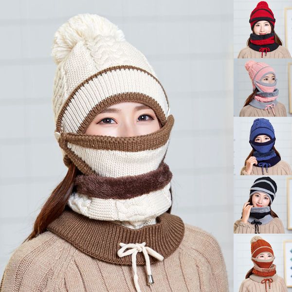 

winter cycling hat women 3 piece warm wool beanies skullies hats with mask collar bib female velvet thick anti-smog knit caps, Blue;gray