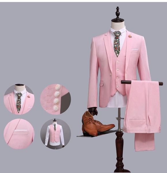 

brand fashion pink style men suits slim fit blazers business male jacket wedding groom prom tuxedo formal 3 piece men's &, White;black