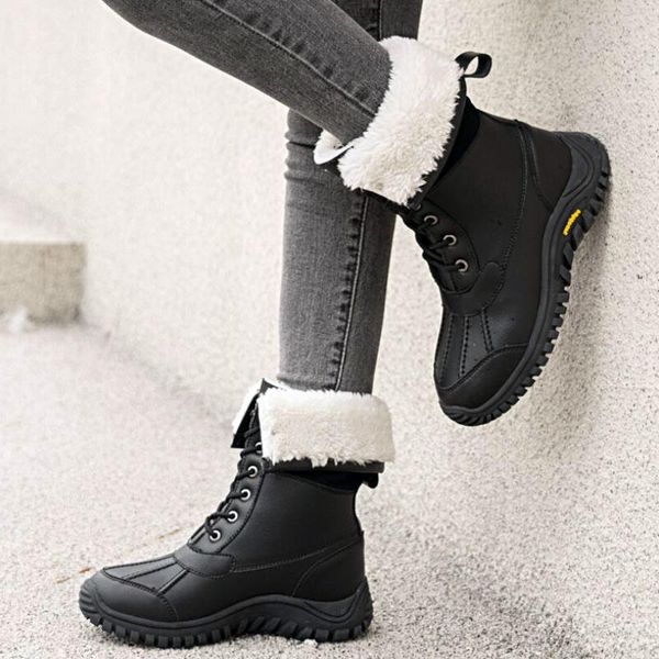 

boots women mid-calf 2021 ladies lace-up waterproof leather shoes winter female long plush warm boot zapatos de mujer 42, Black