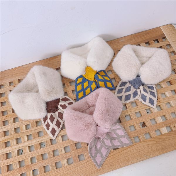 

children's fur bib knitted collar cross baby scarf to keep warm boys and girls stitching plaid collar bibs, Blue;gray