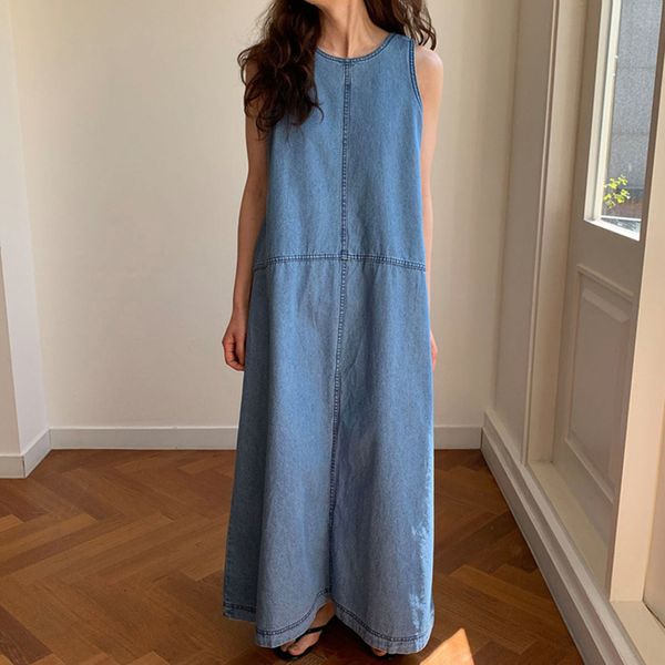 

casual dresses korean chic french round neck bright line design loose long wash blue denim vest for women whrd, Black;gray
