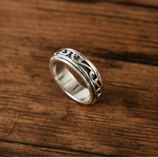 

cluster rings sterling silver retro grass pattern hollow rotatable ring fashion men's jewelry, Golden;silver