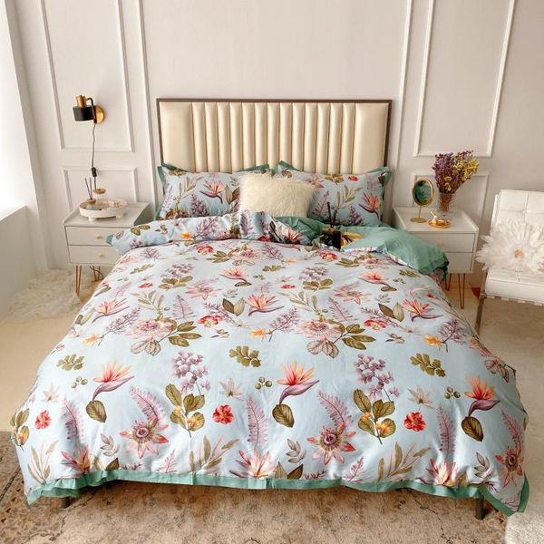 

bedding sets luxury 600tc egyptian cotton plant floral printing set soft satin silky double duvet cover bed sheet pillow shams