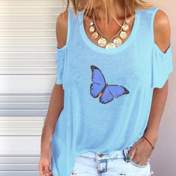 

women's t-shirt strapless printing casual short sleeve o-neck butterfly print loose t shirts slim tshirt women clothes, White