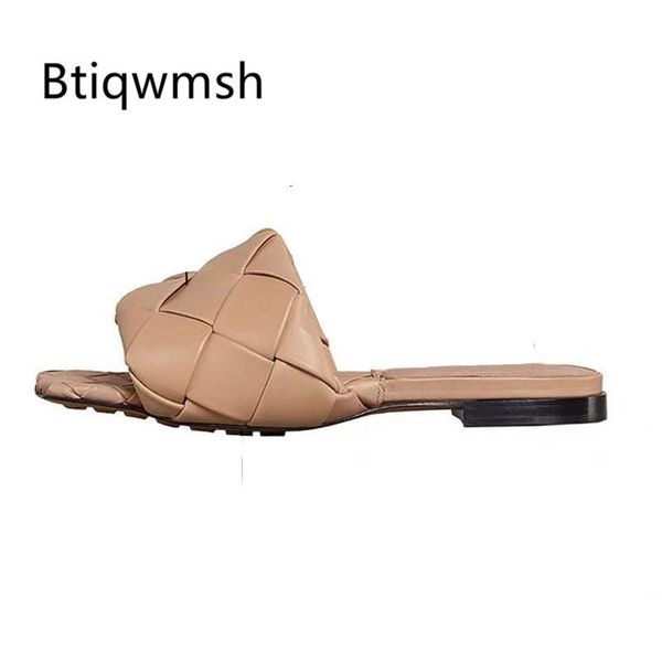 

red real leather weave slippers women open toe nude purple flat shoes woman mules sandals, Black