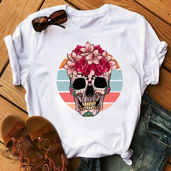 

harajuku and women flower mens t shirt skull print female summer short sleeve tee cute 90s girls white tees, White;black