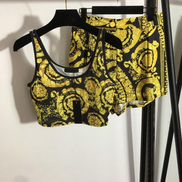 

women's tracksuits luxury summer women retro print tank crop + shorts sport 2pcs set, Gray