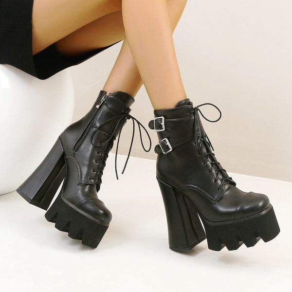 

boots punk style women 15cm super high heel ankle fashion platform square zip autumn winter woman shoes dzaf, Black