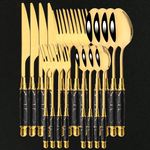 

dinnerware sets 4/20pcs ceramic black gold set stainless steel tableware cutlery home fork spoon knife dinner green flatware