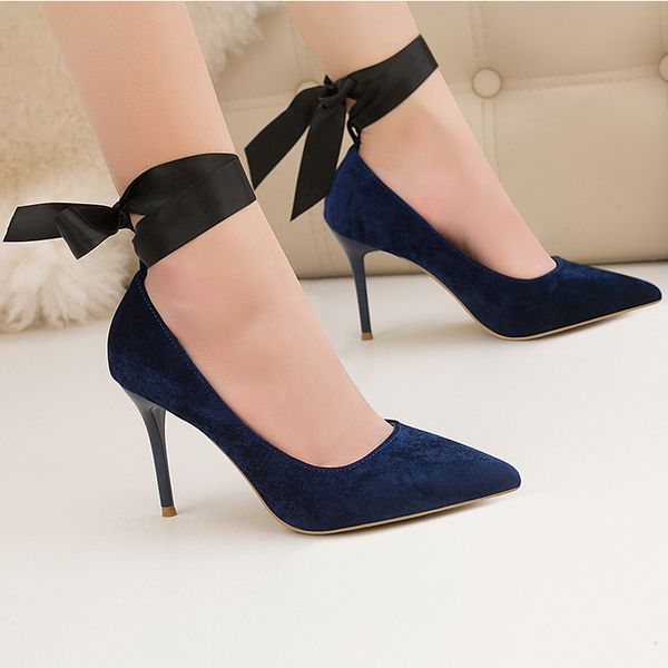 

2021 cm womens shoes super heel stiletto simple suede shallow mouth pointed straps bow shoes high heels1, Black