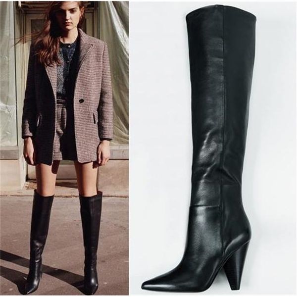 

boots lady solid black leather pointed toe eight inches high heels sliding knee-high rider boots long g844
