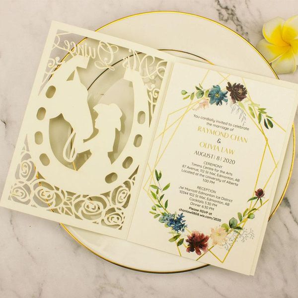 

(50 pieces/lot) gold glitter paper 15th birthday invitation card laser horse and girl customize print quinceanera cards ic147 greeting