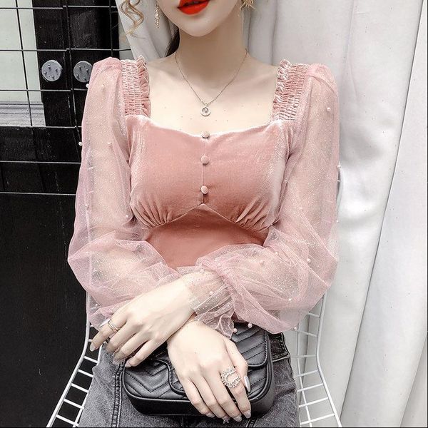 

korean square collar mesh women shirts stitching long sleeved autumn ins fashion solid color retro clothes blouse p016, White