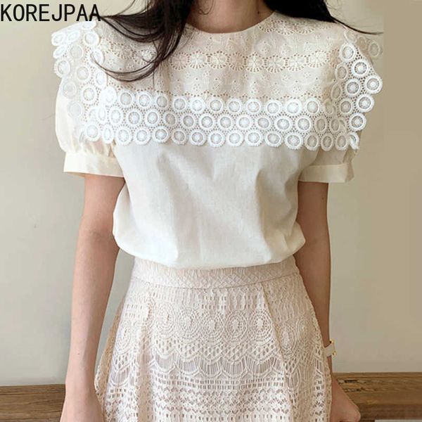 

korejpaa women shirt summer korean chic ladies gentle round neck heavy lace crochet stitching loose puff sleeve blouses 210526, White