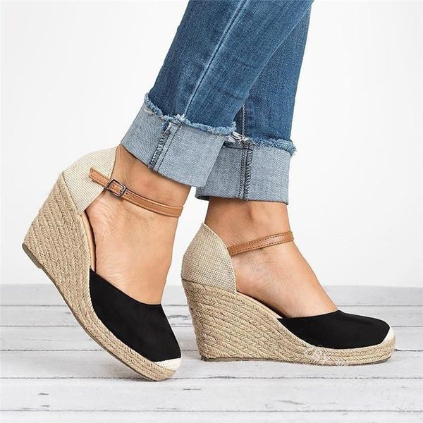 

fashion sandals women flock wedges high ankle outdoor peep toe casual shoes suede wedge with fish mouth, Black