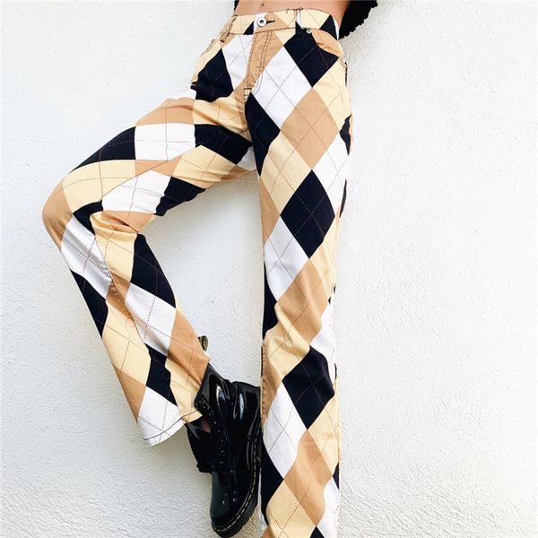 

paris girl lingge casual wide leg pants ladies fashion autumn high-waist vintage plaid print streetwear straight long trousers 210524, Black;white