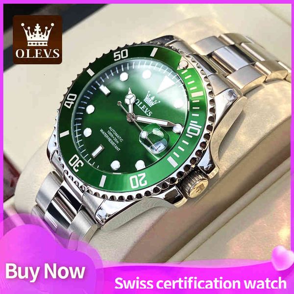 

olevs trademark men's watch automatic green clock rustless steel waterproof fashion luxury sports mechanical, Slivery;brown