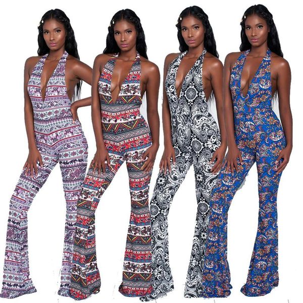

women's jumpsuits & rompers women vintage print halter jumpsuit v neck backless romper overalls female clubwear playsuits long flare tr, Black;white