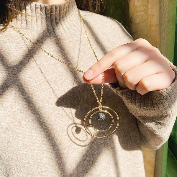 

pendant necklaces planet's orbit lava stone essential oil diffuser necklace 10mm aroma sweater chain, Silver