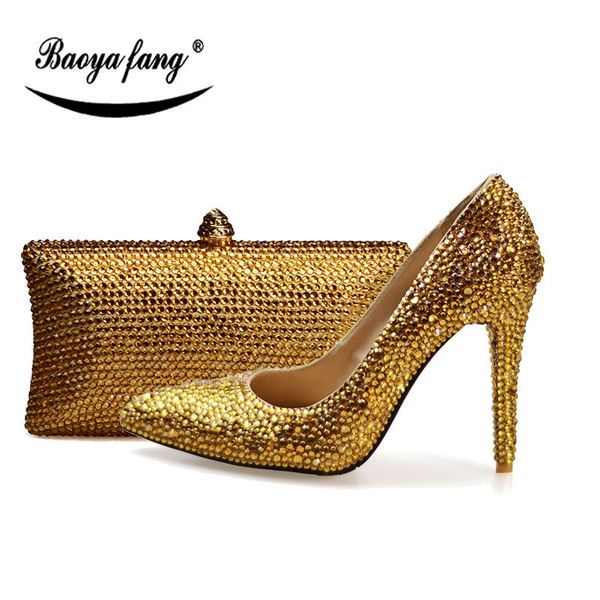 

baoyafang champagne crystal wedding shoes with matching bags woman 10cm thin heel ladies pumps and purse set pointed toe dress, Black