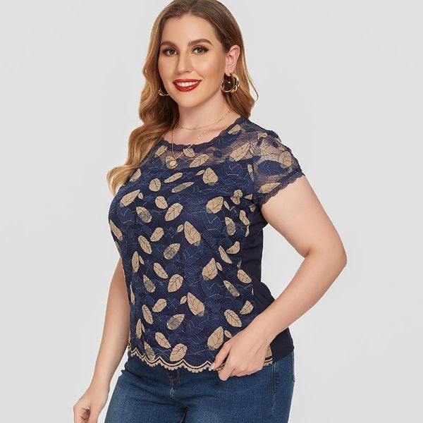 

plus size t-shirt 2021 summer women short sleeve color lace and blouset fashion ladies casual clothes womens hollow, Black