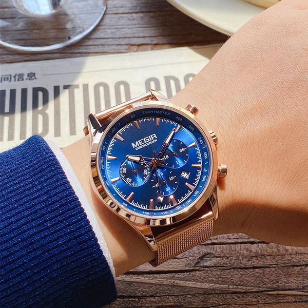 

wristwatches fashion business quartz men watch megir men's sport watches full steel waterproof clock male relogio masculino, Slivery;brown