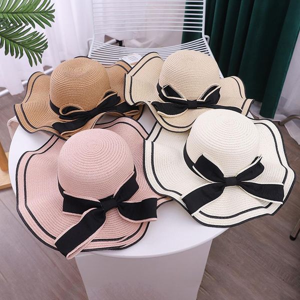 

wide brim hats korean sunscreen big brimmed hat beach elegant ladies women summer straw foldable uv protection bow sun, Blue;gray