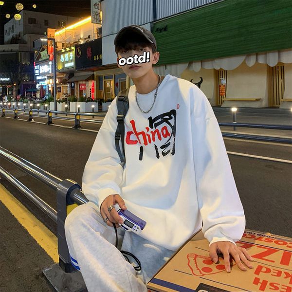 

mens sweater chinese sweater men's spring and autumn fattening trend brand loose korean handsome printed ins round neck sports coat, Black