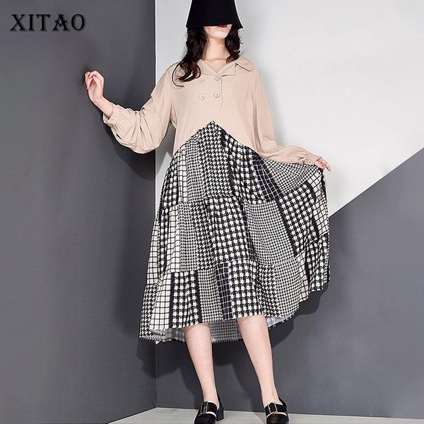 

casual dresses xitao patchwork dress plaid small fresh pleated goddess fan style 2021 spring autumn minority zp2819, Black;gray