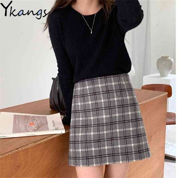 

spring plaid mini skirts fashion of women high-waisted harajuku korean style vintage short joker for womem 210421, Black