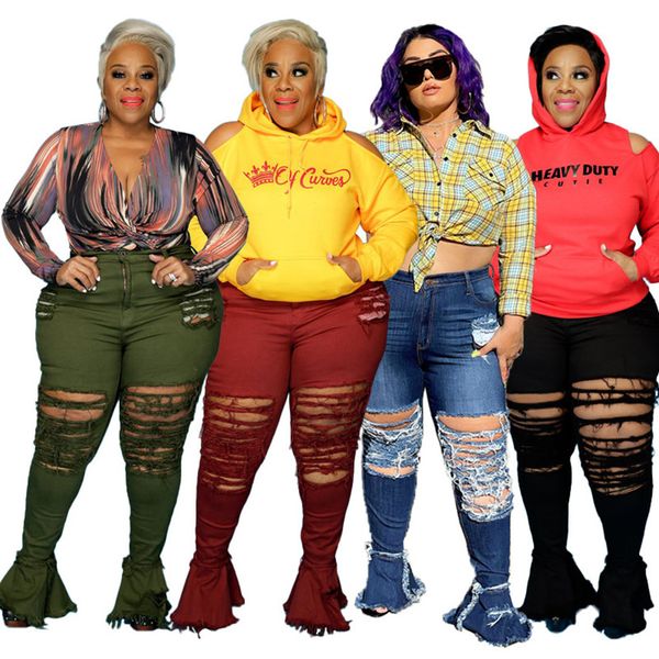 Mulheres Plus Size Jeans Fall Winter Roupas Rasgado Buracos Denim Calças Bigger Tamanhos 3xl 4XL 5XL Flare Calças Moda Lavada Blue Bottom Leggings DHL Navio 5635