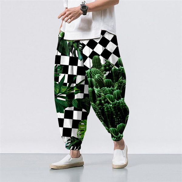 

men's pants oversize 6xl summer plaid cactus printed casual beach harem men hip hop nine points trousers jogger sweatpants, Black