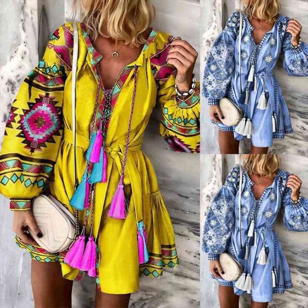 

women boho floral long sleeve short dress ladies v neck holiday party bandage ruffles floral printed dress, Black;gray