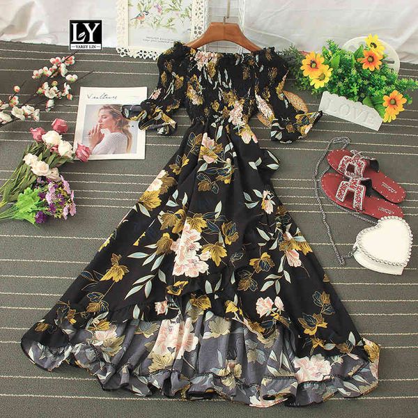 

dresses slash neck butterfly sleeve beach long dress women ruffled hem asymmetric high waist floral print dresses, Black;gray