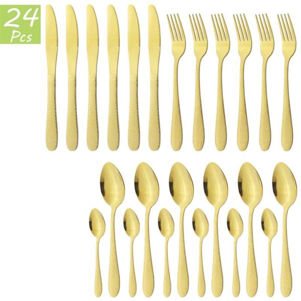 24 pcs Gold Cutlery Set Facas Forquilha Tea Colher Jantar Talheres de Aço Inoxidável Louça de Louça de Cozinha Talheres 210928