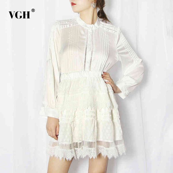 

vgh temperament lace patchwork sets for women stand collar lantern long sleeve high waist mini skirts sets female tide 210421, White