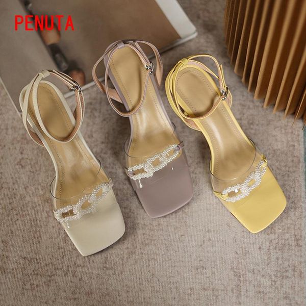 

summer genuine leather sandals high heel party heels ankle strap ladies jelly shoes pearl beaded footwears women p20s dress, Black