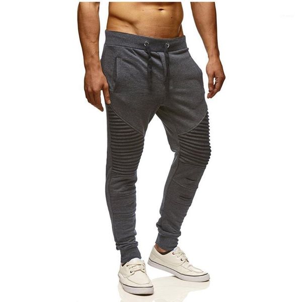 

men's pants casual autumn and winter fitness slim sweatpants striped fold stitching solid color, Black