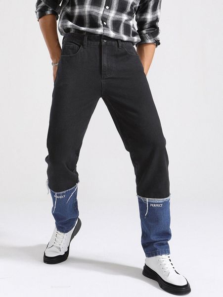 

men color-block letter embroidery raw trim jeans o9iw#, Blue