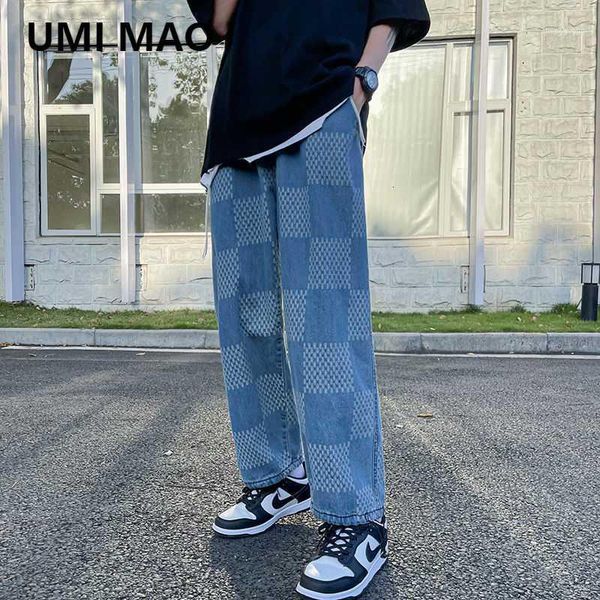 

men's pants umi mao stitching trend all-match spring summer nine-point jeans loose straight-leg hong kong style wide-leg denim, Black