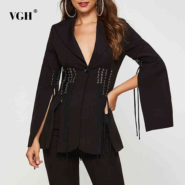 

vgh tunic lace up blazer for women notched long sleeve patchwork sequin black blazers female fashion new clothing fall 210421, White;black