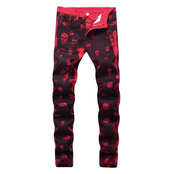 

autumn men's fashion skeleton skull printed night club personality jeans male slim fit red denim pants long trousers,9001 210723, Blue