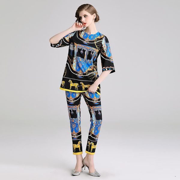 

women's two piece pants 2021 summer suit european commuter round neck printed shirt+high-waist causal waist female sets x539, White