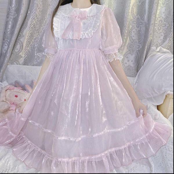 

womens dress summer lolita sweet cosplay teens peter pan collar cute kawaii soft girl pink puff sleeve ruffle princess dresses, Black;gray