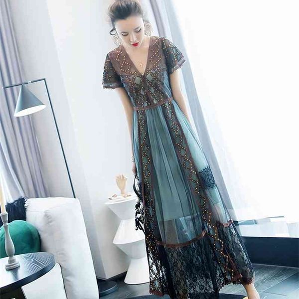 

women's summer fashion ladies short-sleeved dress lace office lady sheath ankle-length mesh polyester 210416, Black;gray