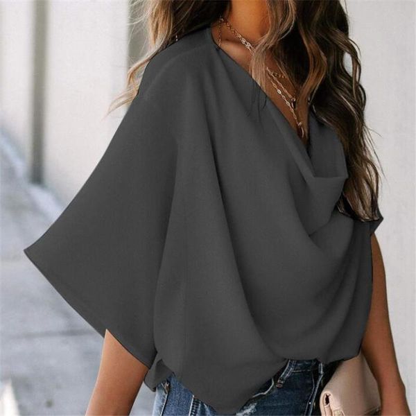 

women's blouses & shirts women casual half sleeves blouse loose solid color v-neck shirt summer holiday office pullover pleated, White