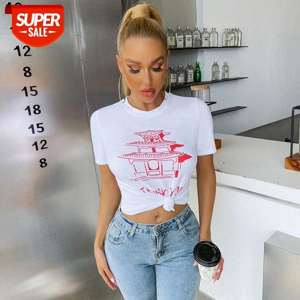 

[in stock]european and american women's hedging slim round neck 22225p ancient architecture fashion short-sleeved printed t-shirt #yl5a, White