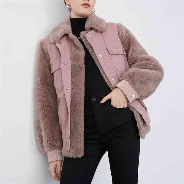 

women winter faux fur turndown collar thick warm overcoat lamb wool jacket polar fleece cotton coat 210430, Black