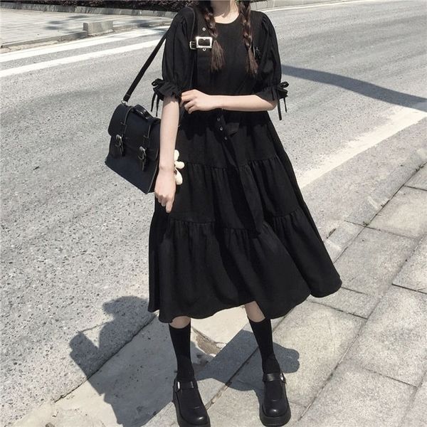 

2021dress women o-neck black summer strap midi dresses japanese harajuku streetwear loose lace up bf cool ins popular elegant casual, Black;gray